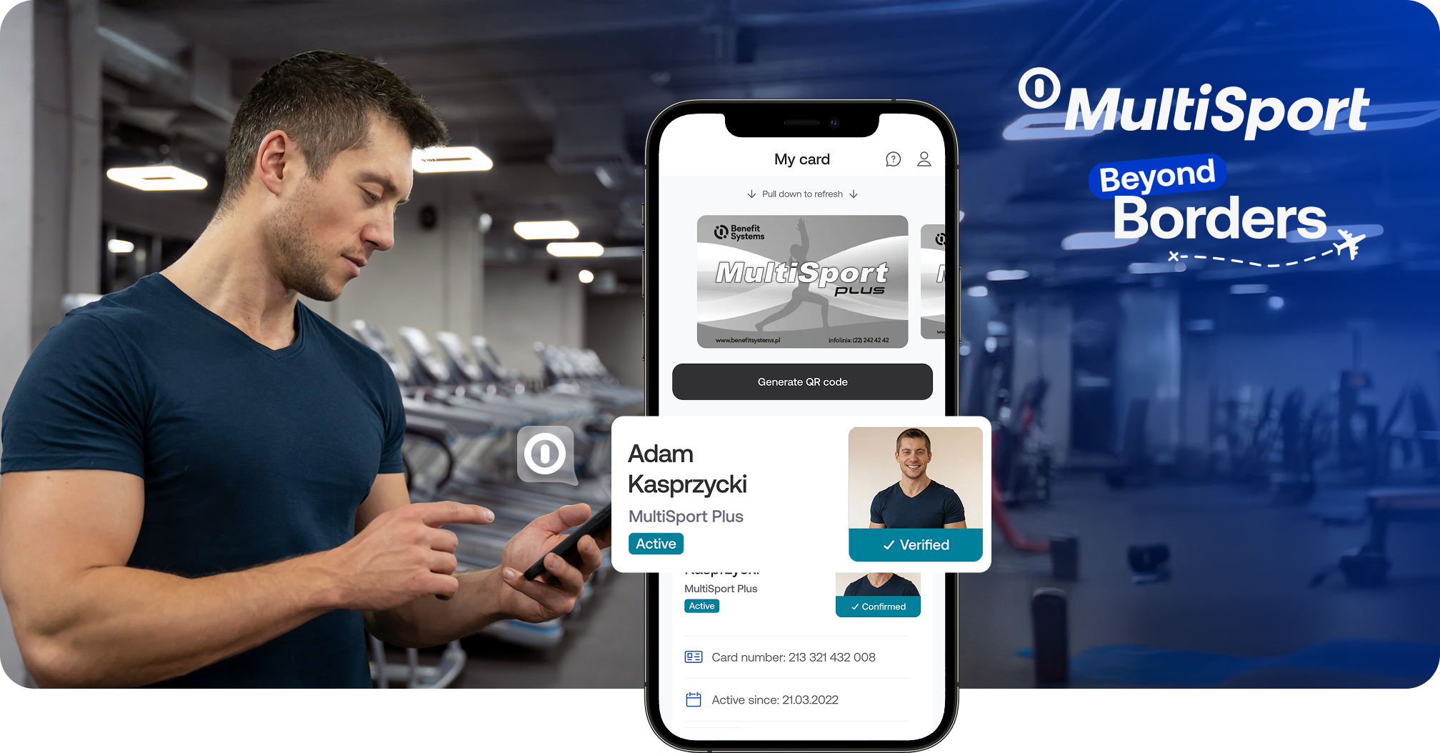 The MultiSport application screen showing the user profile with an active MultiSport Plus card.