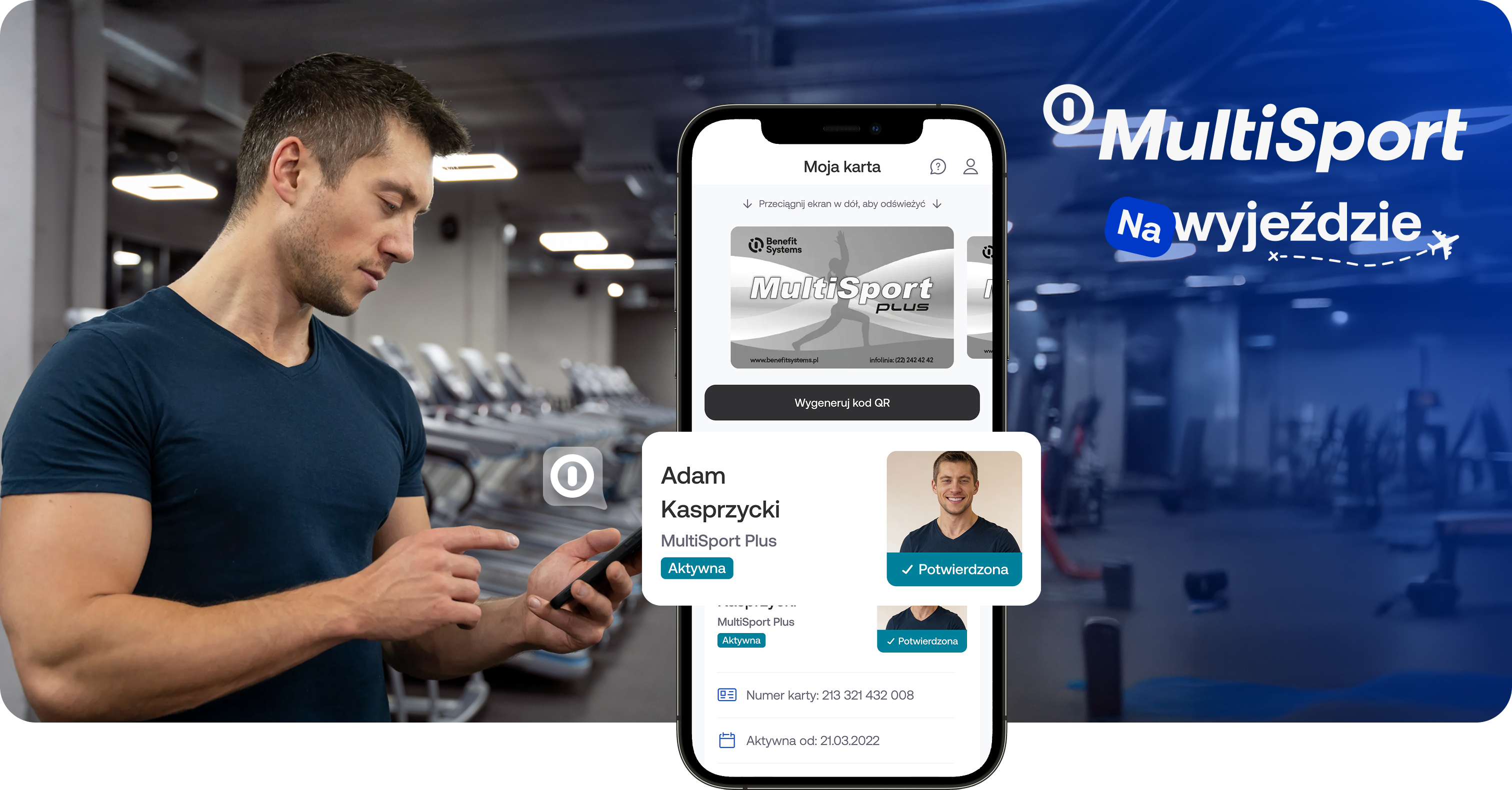 Ekran aplikacji MultiSport pokazujący profil użytkownika z aktywną kartą MultiSport Plus.